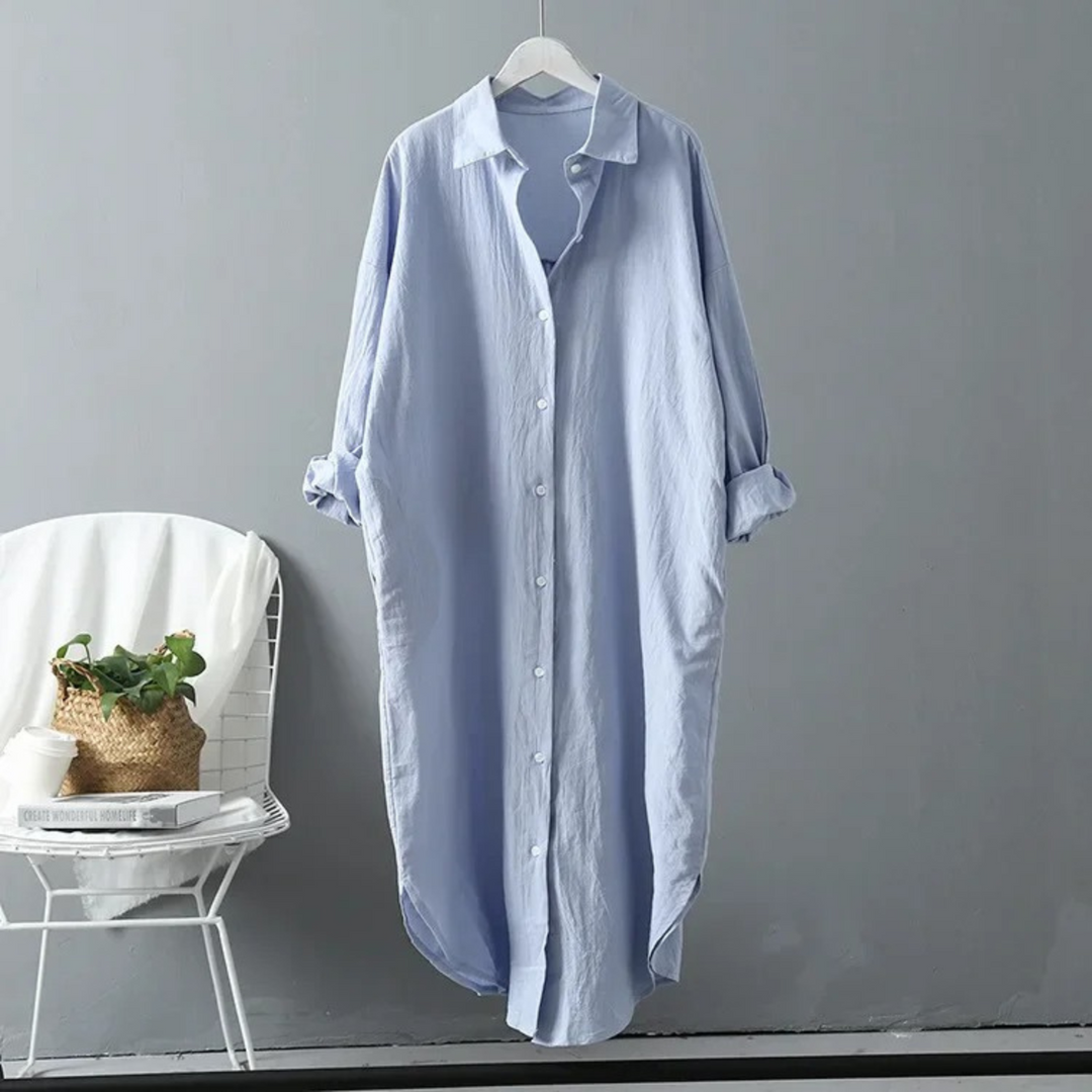 Comfortable women's relaxed fit button-front long sleeve maxi dress, a stylish and versatile shirt dress.