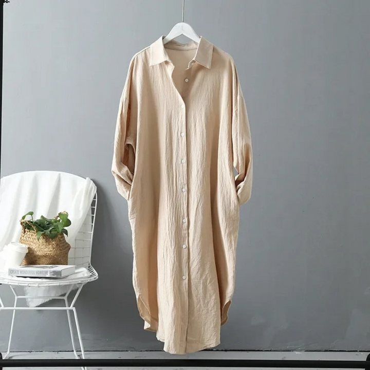 Women's long sleeve button-front maxi dress, designed for a relaxed fit and effortless style.