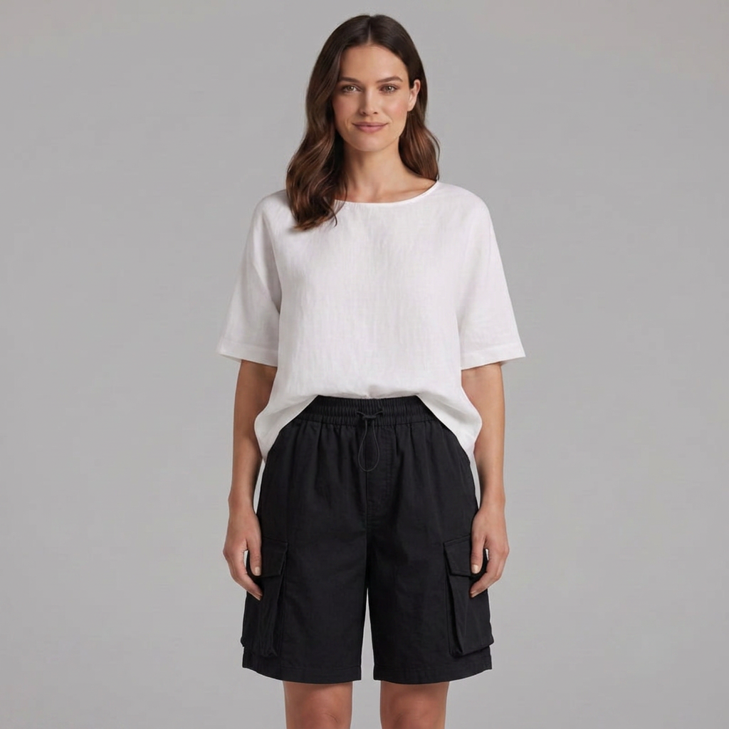 Casual women's cargo bermuda shorts with a comfortable drawstring waist and practical utility pockets for summer.