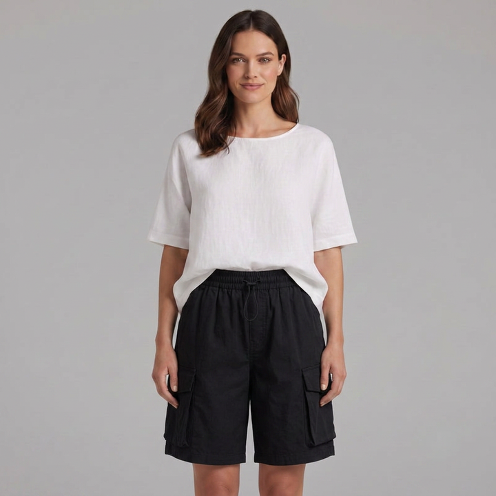 Casual women's cargo bermuda shorts with a comfortable drawstring waist and practical utility pockets for summer.