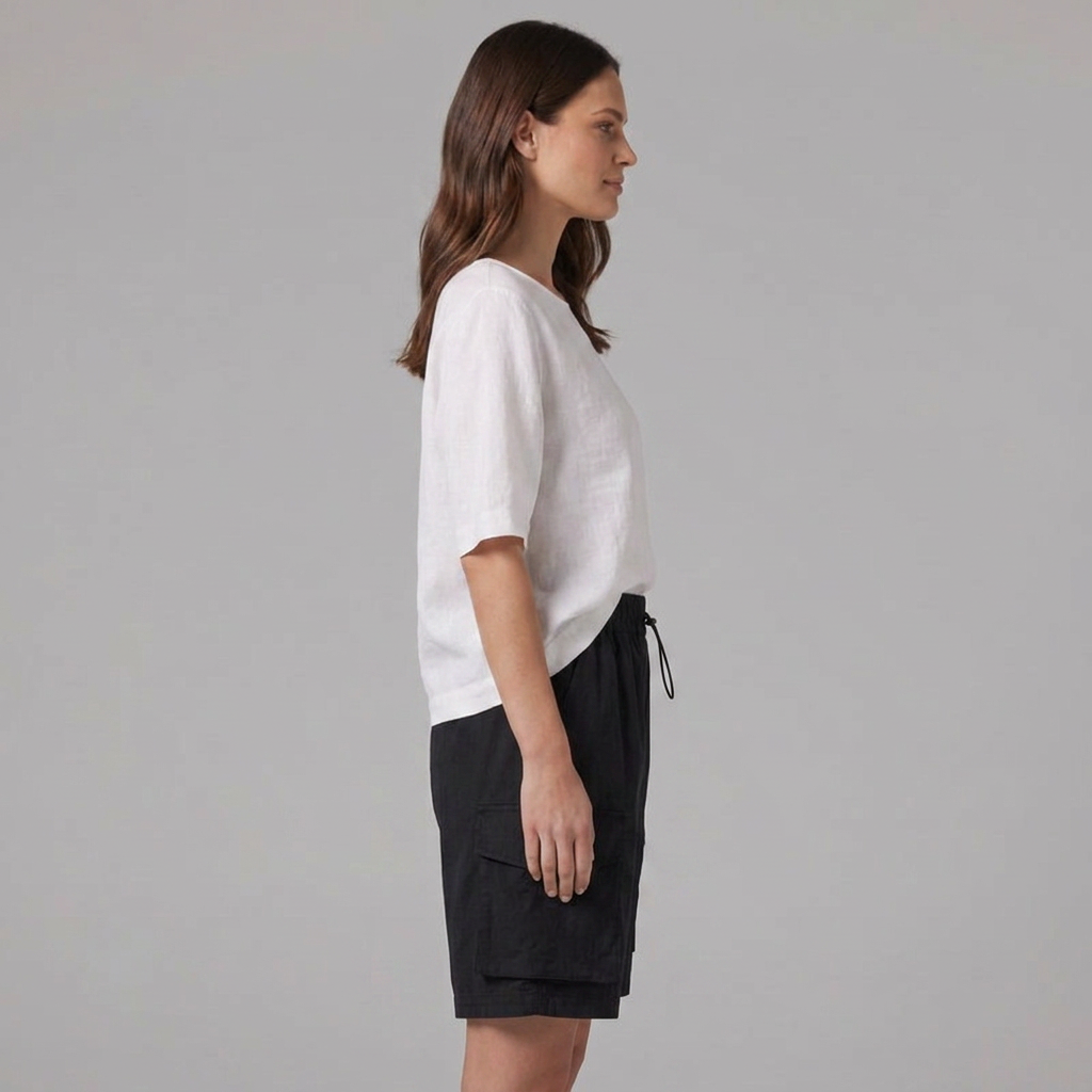 Knee-length relaxed cargo bermuda shorts for women, ideal for casual wear and summer fashion comfort.