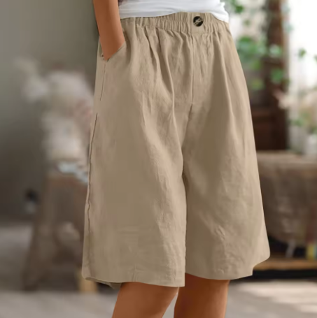 Front view of women's wide-leg summer shorts with elastic waist for a relaxed fit.