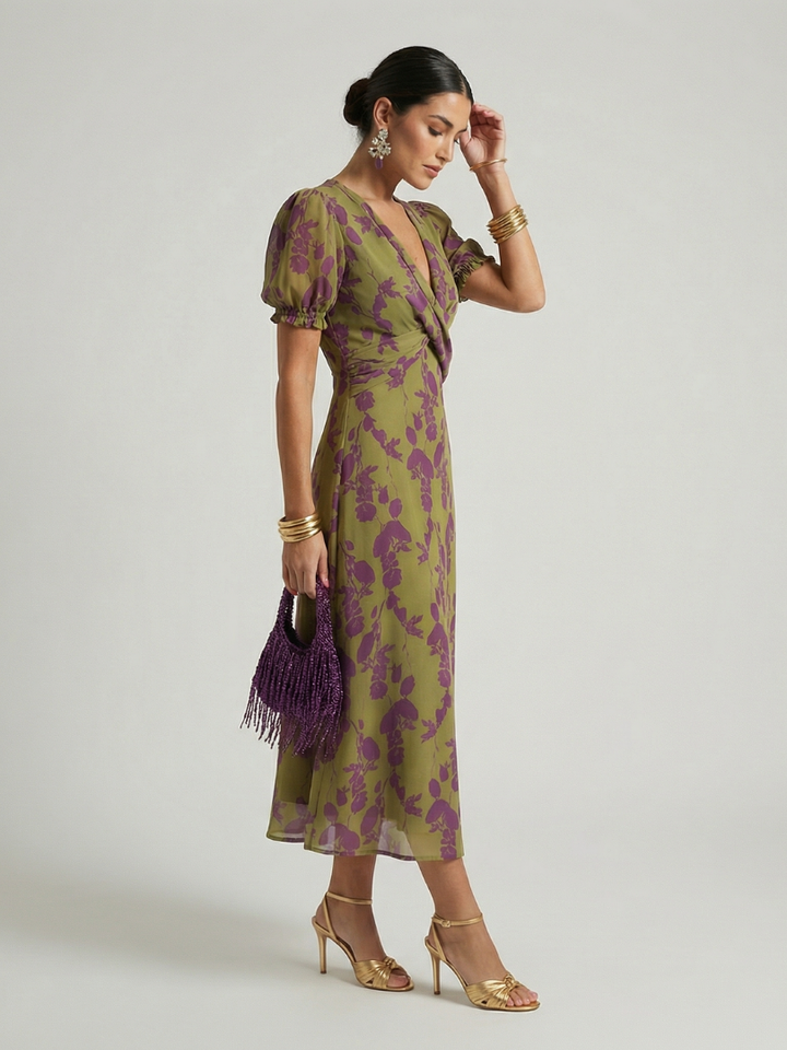 Comfortable women's floral midi dress, relaxed fit wrap style. Perfect casual summer or spring everyday wear.