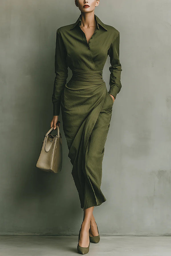 Women's relaxed fit green midi dress with a button-front and elegant wrap waist, perfect for spring and summer.