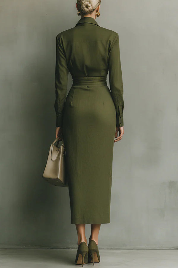 Elegant & versatile women's green midi dress with button-front and wrap waist, ideal for office or casual chic style.