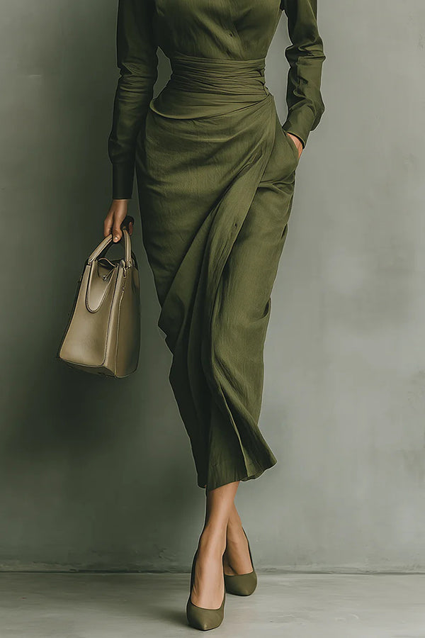 Flowy women's relaxed button-front midi dress in green with a flattering wrap waist, great for spring and summer fashion.