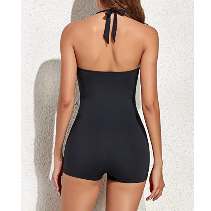 Stylish women's halter ruched swimsuit featuring relaxed fit swim shorts, ideal for summer fashion.
