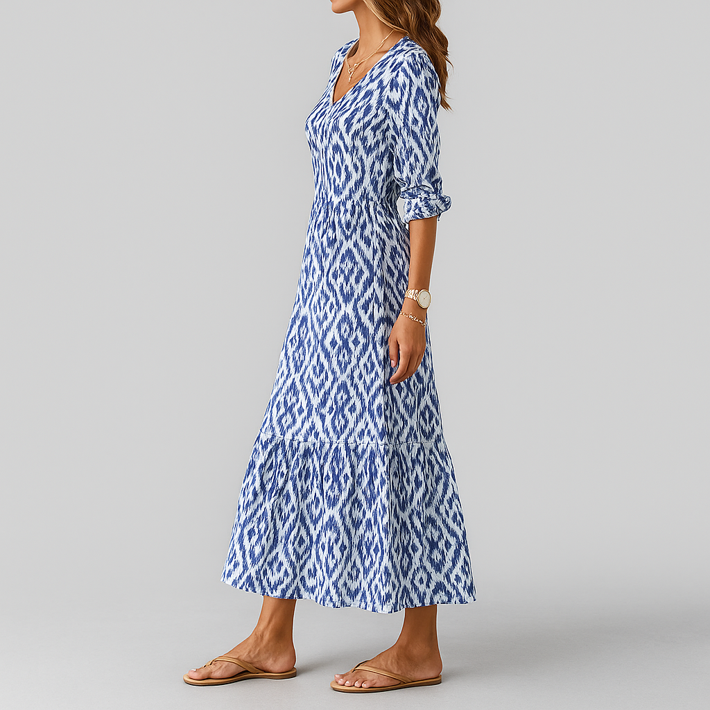 Bohemian ikat print maxi dress for women, relaxed fit, ideal for casual wear, spring, or resort fashion.