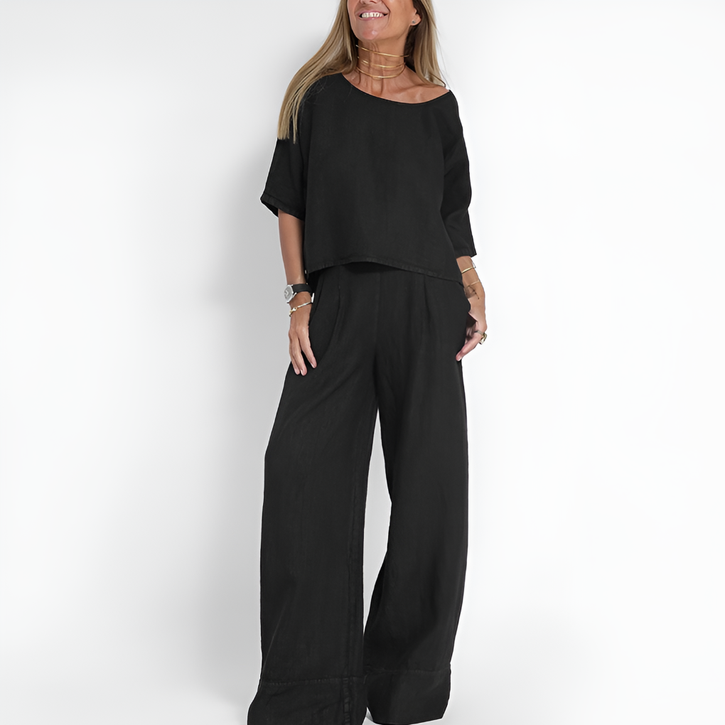 Casual women's linen blend co-ord set with a button-down shirt and comfortable wide-leg pants. Ideal for vacation.