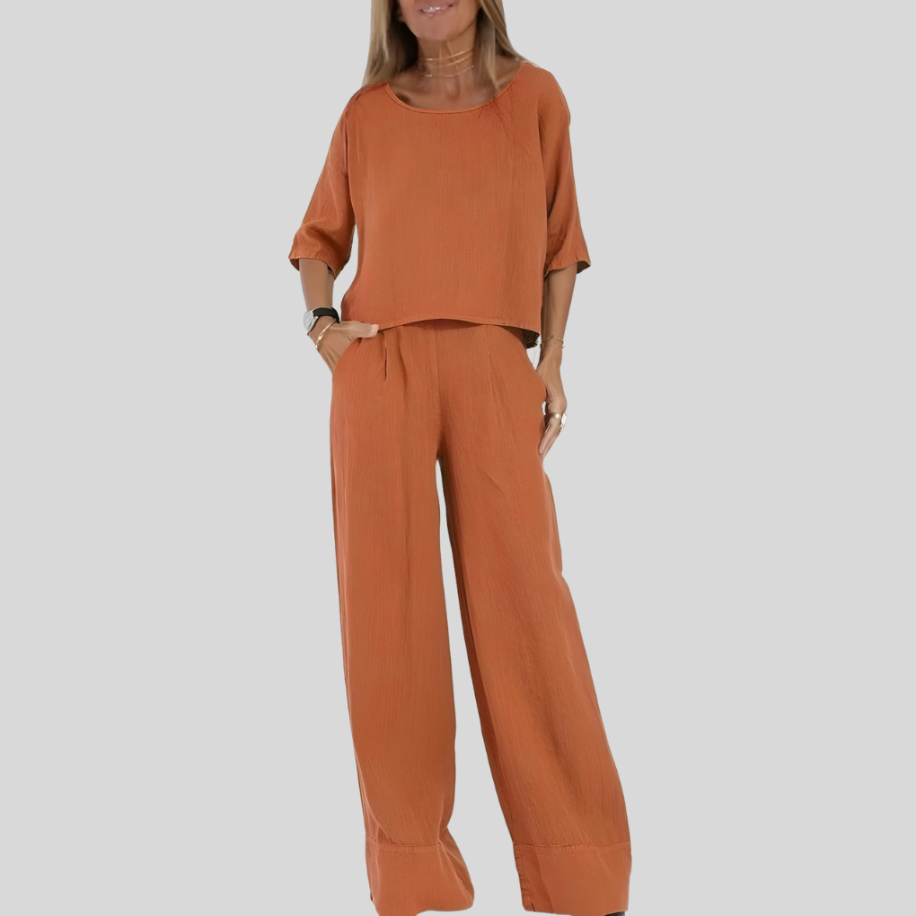 Comfortable women's relaxed fit linen blend two-piece set, a stylish summer outfit with wide-leg pants & button top.