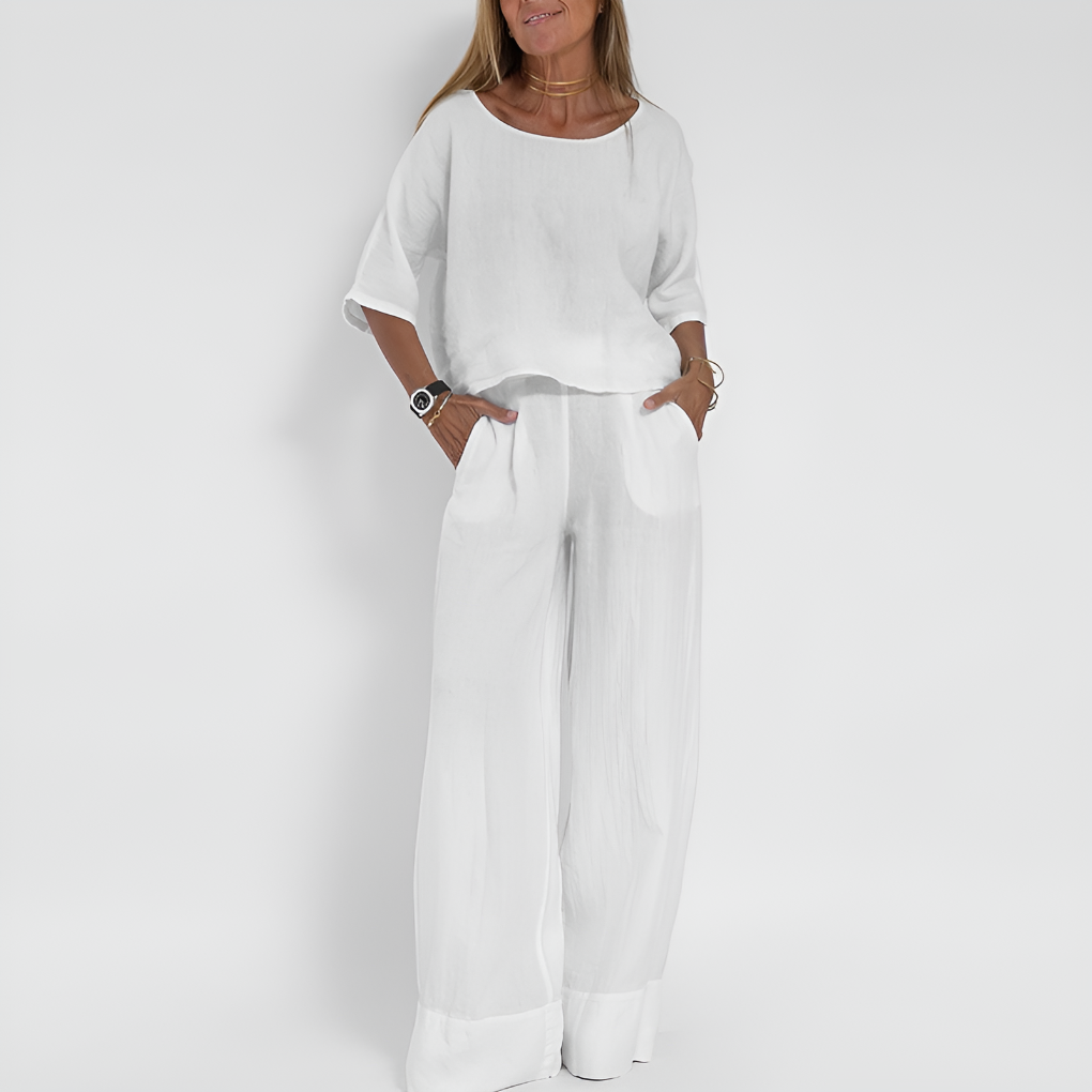 Spring/summer women's linen blend two-piece set: relaxed fit button-down top & wide-leg pants for casual wear.
