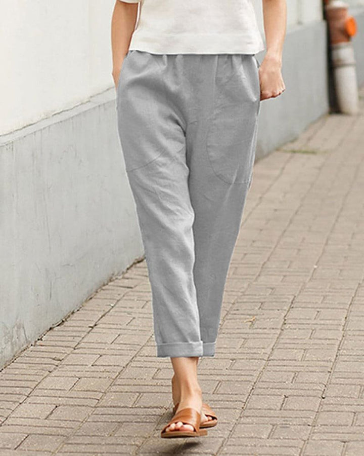 Lightweight women's linen-cotton tapered trousers for summer, offering a relaxed fit and ultimate casual comfort.