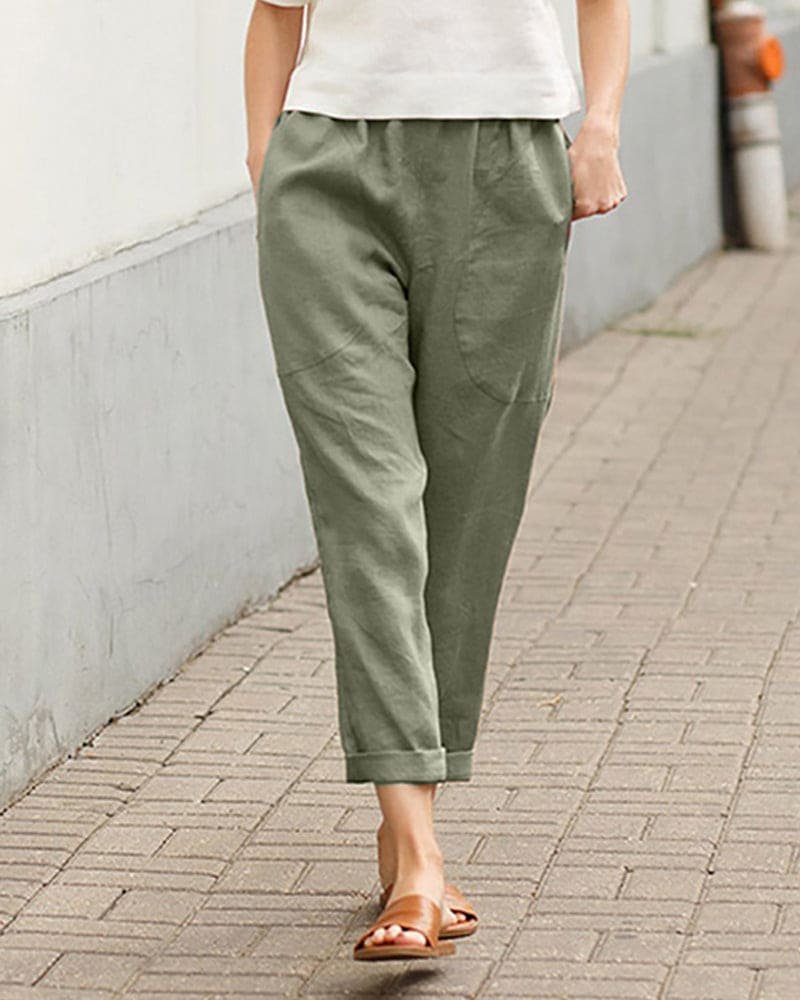 Everyday women's linen-cotton blend tapered trousers. Relaxed fit, breathable fabric, and elastic waist for comfort.