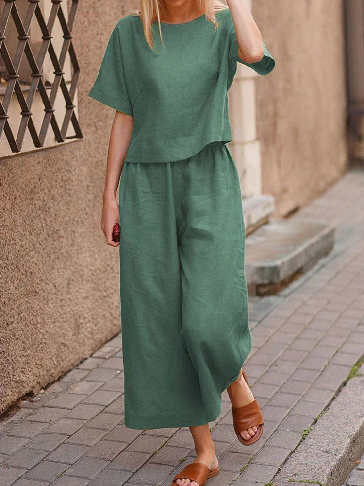 Women's linen outfit set: relaxed fit crew neck top & wide leg trousers. Breathable & comfortable for summer casual.