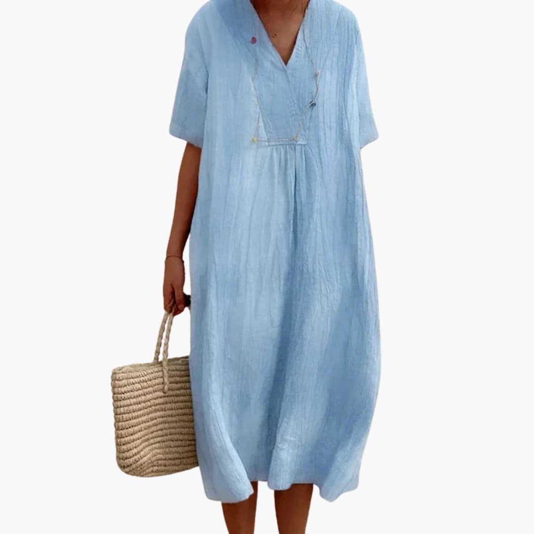 Women's relaxed fit linen v-neck midi dress with short sleeves, perfect for summer casual wear.