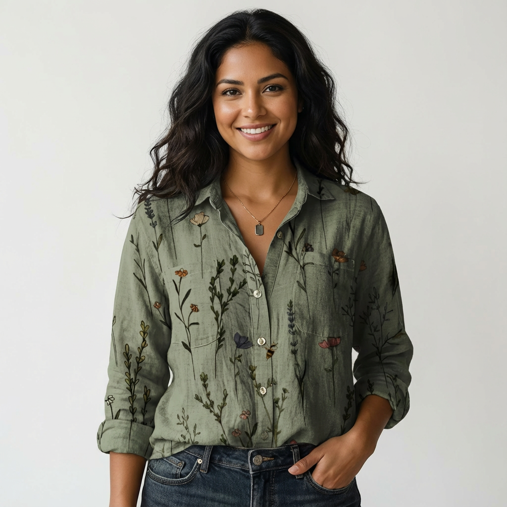 Stylish women's printed long sleeve button shirt, a versatile relaxed fit blouse for spring & fall fashion.