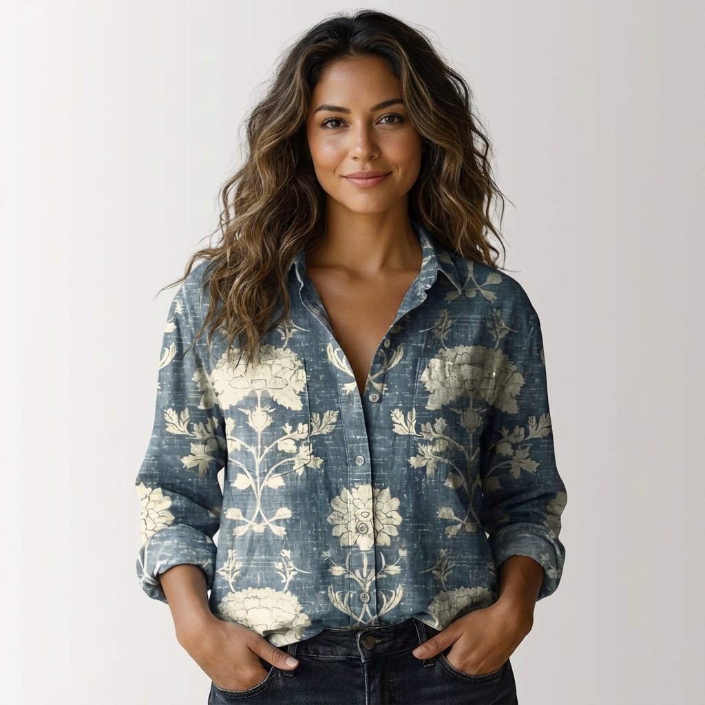 Colourful patterned women's blouse; a comfortable relaxed fit long sleeve button shirt for chic casual style.