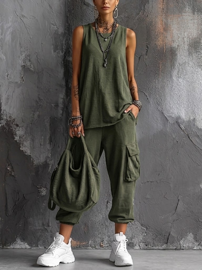 Comfortable two-piece women's loungewear set featuring a relaxed tank top & stylish cargo pants for everyday style.