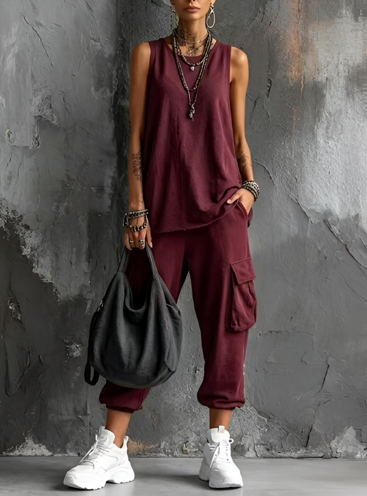 Sleeveless women's loungewear set: soft tank top & utility cargo trousers, ideal for spring and summer comfort.