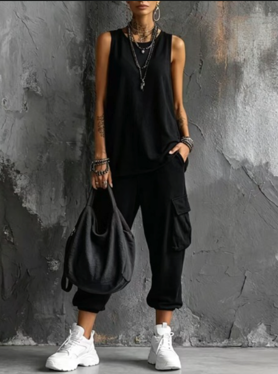Women's comfortable loungewear set with a classic tank top & trend-right cargo pants, suitable for home or out.