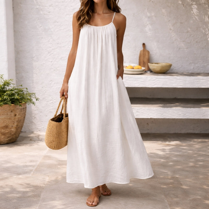 Front view of a women's relaxed fit beach dress, showcasing its flowy design and comfort.