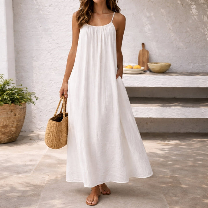 Front view of a women's relaxed fit beach dress, showcasing its flowy design and comfort.