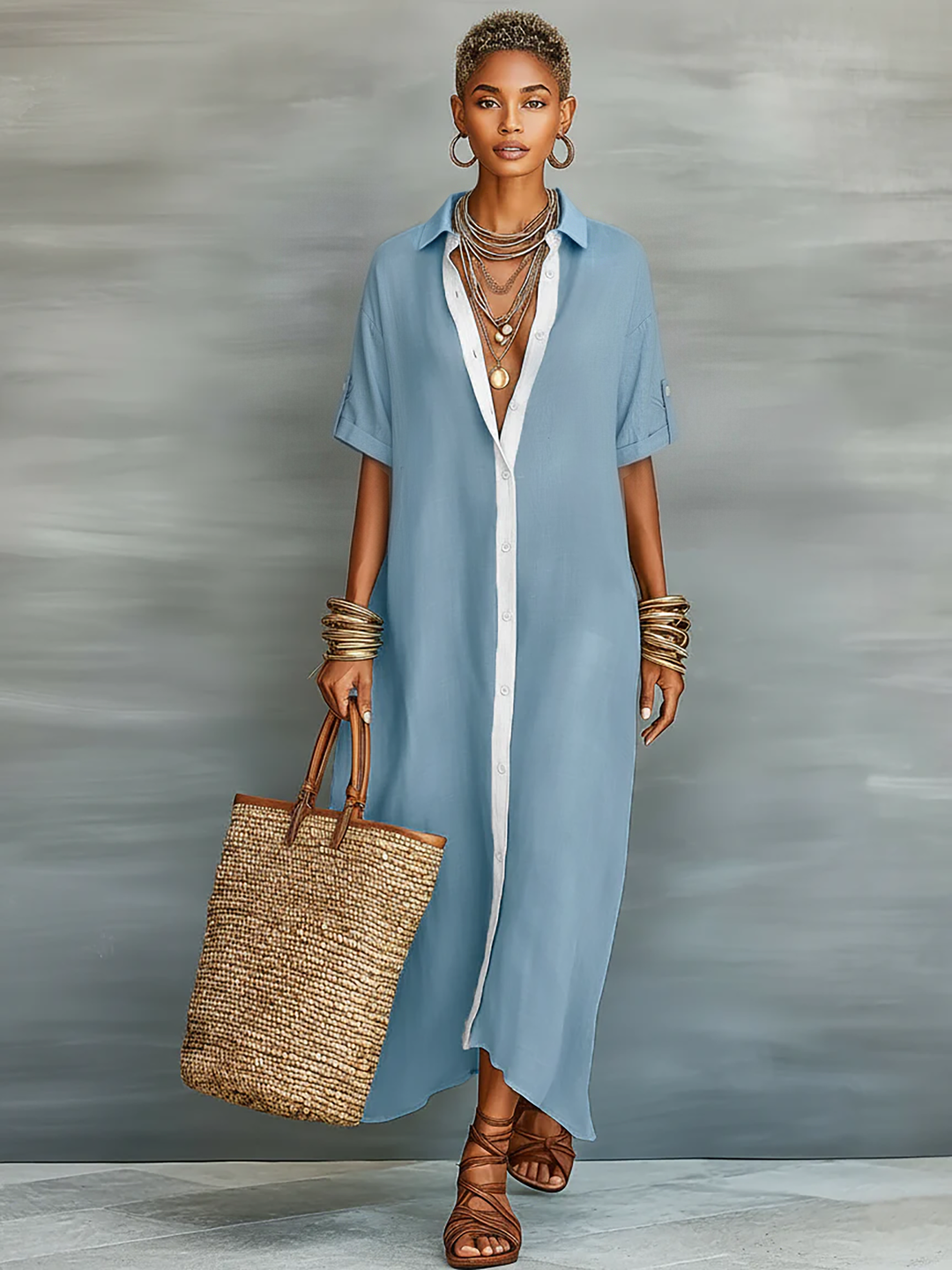 Comfortable women's maxi shirt dress, a relaxed fit everyday dress suitable for summer and casual outings.