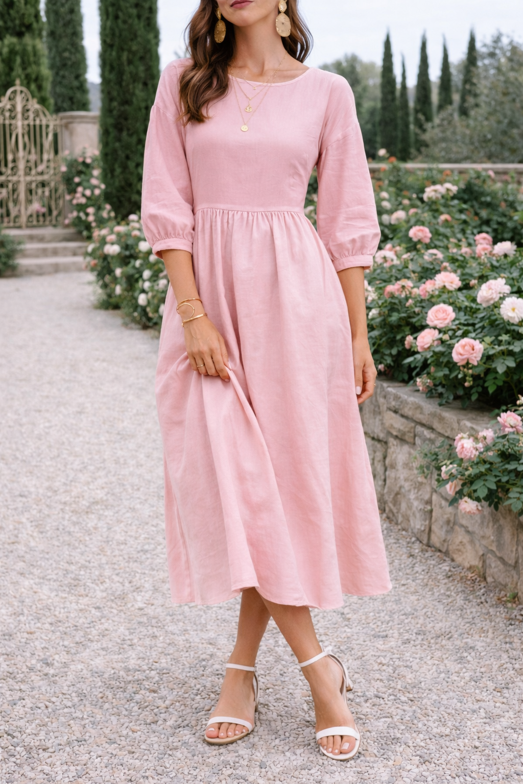 Comfortable women's everyday smock dress. Maxi length, relaxed fit, 3/4 sleeves, and convenient pockets.