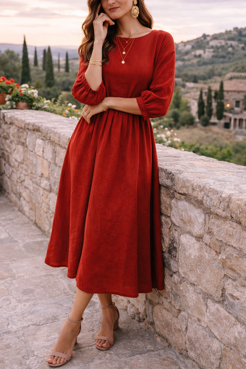 Stylish women's summer maxi smock dress featuring a relaxed fit, 3/4 sleeves, round neck, and pockets.