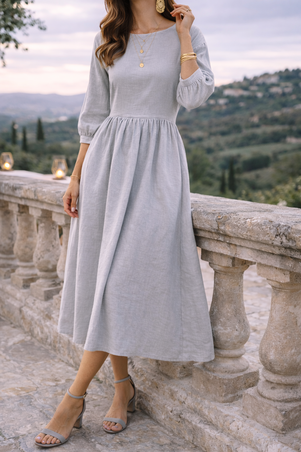Everyday women's flowy maxi smock dress with a comfortable relaxed fit, 3/4 sleeves, and functional pockets.