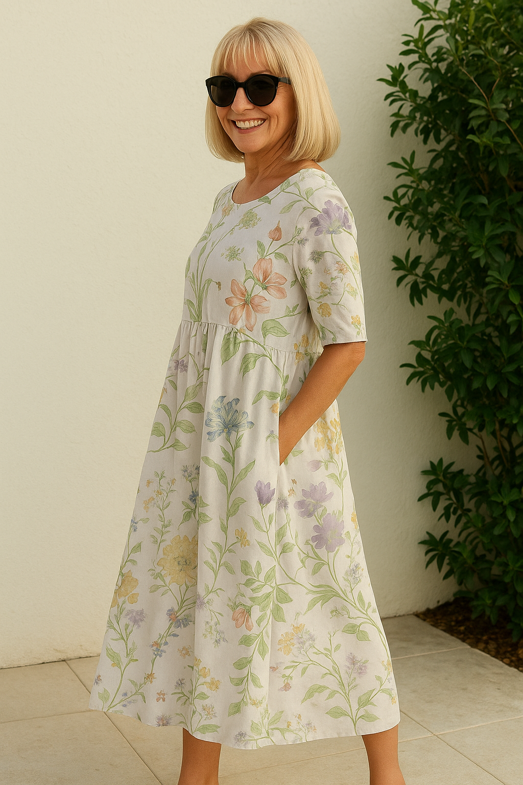Stylish women's midi dress featuring 3/4 sleeves and a relaxed, comfortable fit for any occasion.