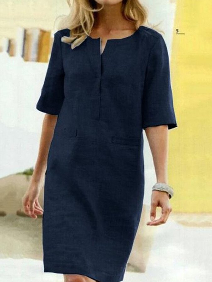 Everyday women's midi dress. Relaxed fit, chic notch neck. Perfect comfortable spring/summer fashion.