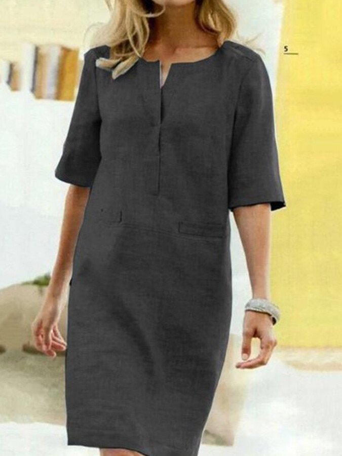 Versatile women's midi dress, relaxed fit & notch neck. Comfortable everyday wear for spring/summer fashion.