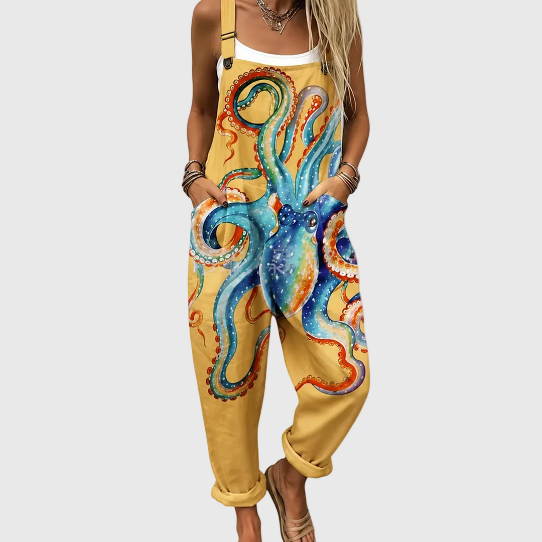 Women's relaxed fit overalls with unique marine octopus pattern, perfect for casual summer wear or vacation. Comfortable jumpsuit.