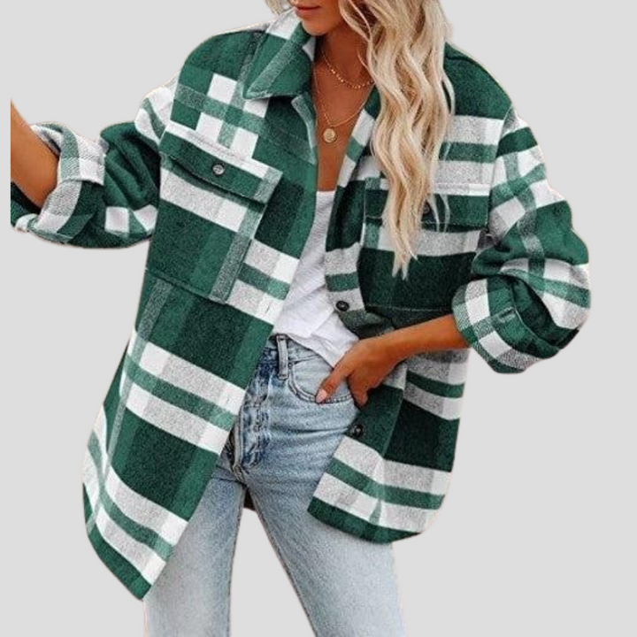 Women's relaxed fit plaid overshirt, cozy long sleeve button-up for fall & winter layering. Casual checked top.