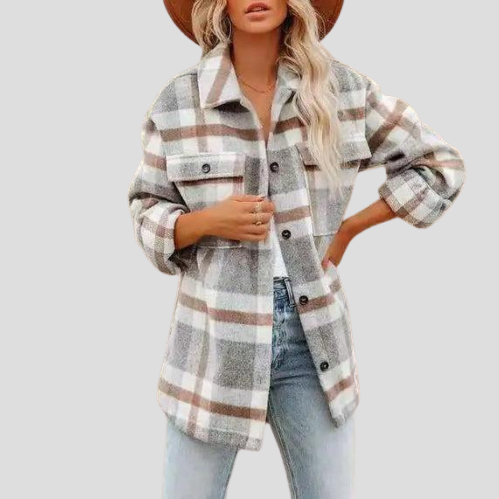 Cozy women's plaid overshirt, relaxed fit for casual wear. Stylish long sleeve checked top, perfect for layering.