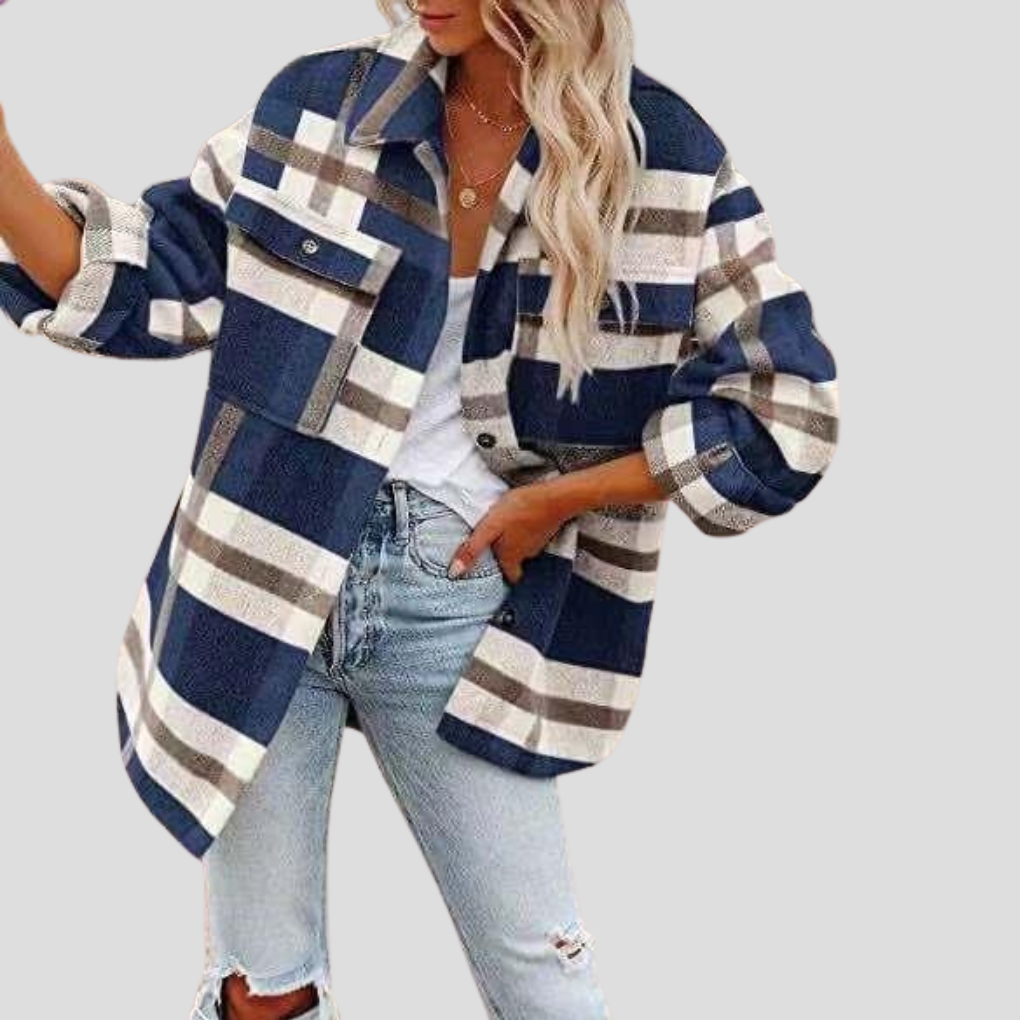 Stylish women's plaid overshirt, a versatile layering piece for fall fashion & winter style. Relaxed checked top.