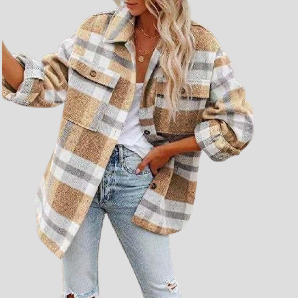 Women's cozy plaid overshirt with a relaxed fit. Long sleeve checked top, a perfect casual layering piece for her.