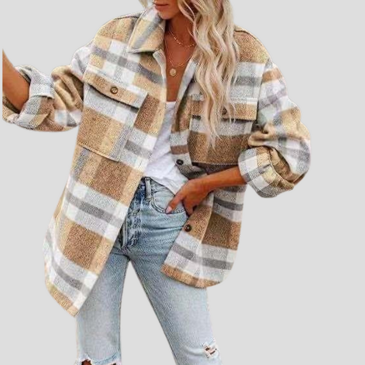Women's cozy plaid overshirt with a relaxed fit. Long sleeve checked top, a perfect casual layering piece for her.