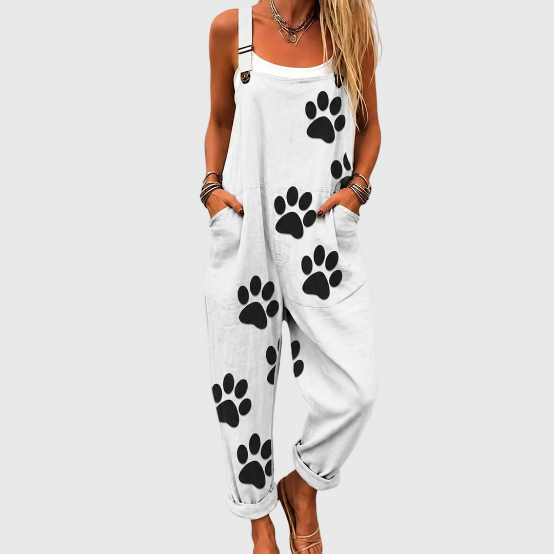 Women's relaxed fit printed comfort overalls jumpsuit with playful print, adjustable straps & side pockets for summer.