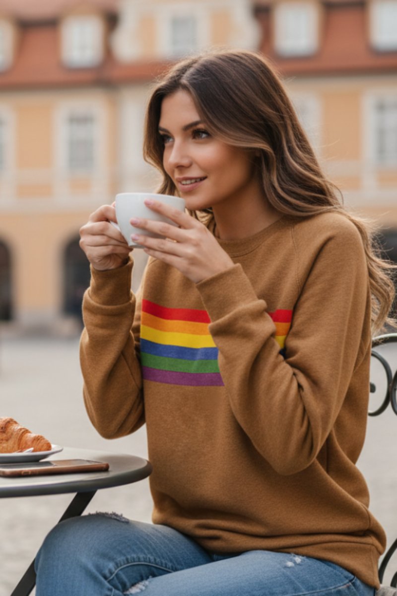Cozy women's rainbow stripe long-sleeve jumper, relaxed fit for everyday fashion.