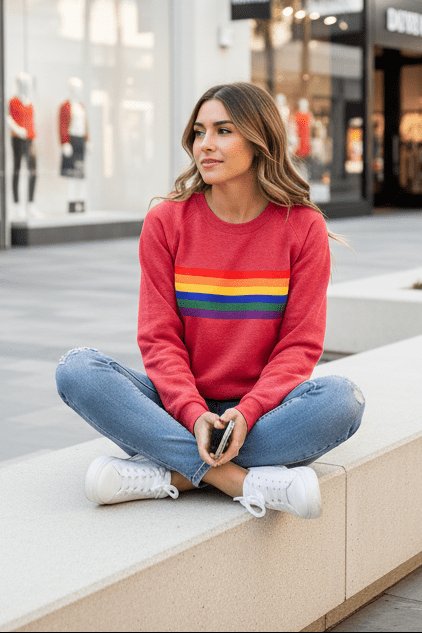 Vibrant rainbow striped women's jumper, relaxed crew neck, perfect for casual style.