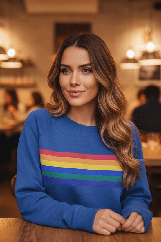 Retro-style rainbow striped women's jumper, relaxed fit, comfortable long sleeve top.