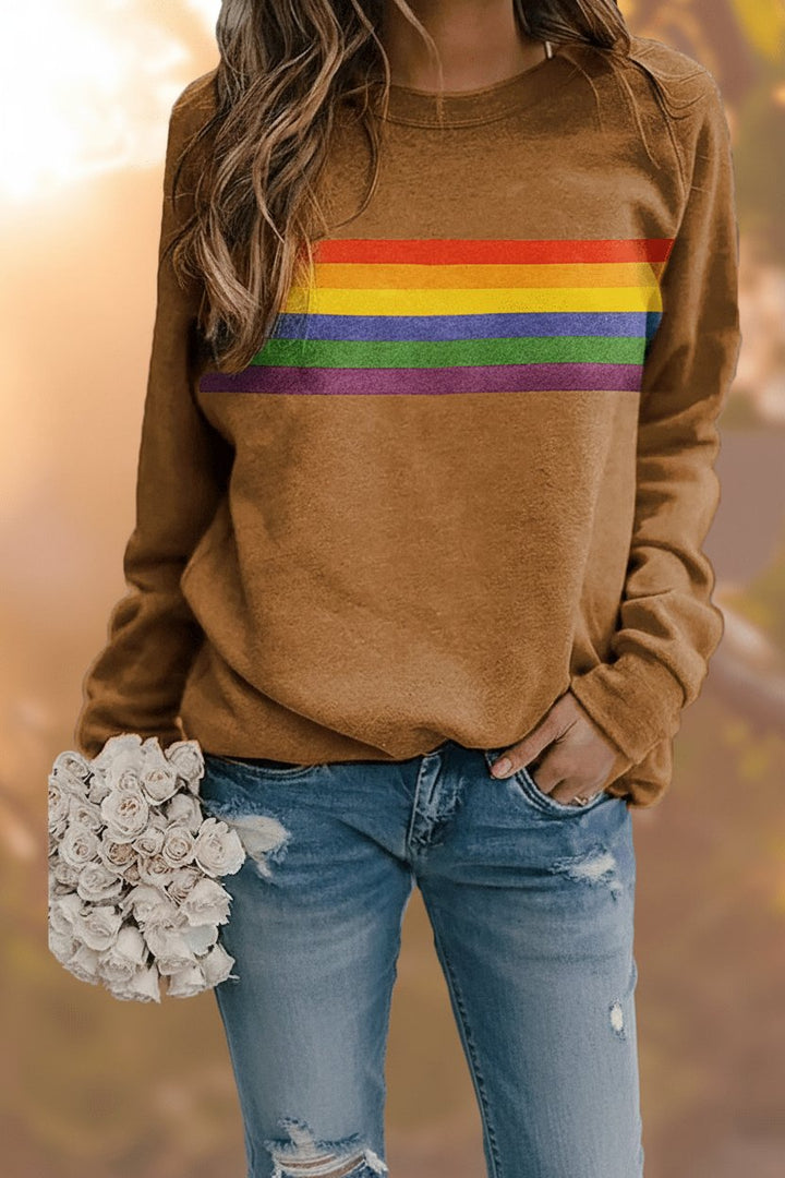 Relaxed fit women's rainbow striped long-sleeve crew-neck jumper. Casual, cozy, vibrant.