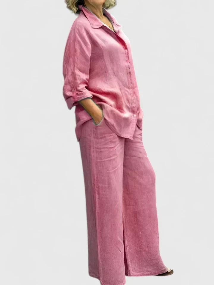 Women's relaxed fit shirt and wide leg trouser matching set, comfortable for casual chic style.