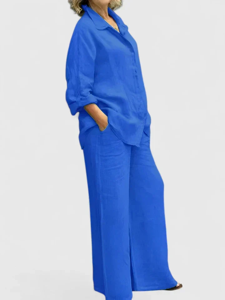 Women's Relaxed Shirt & Wide Leg Trouser Set, offering comfort and stylish versatility.