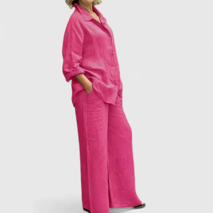 Flowy women's wide leg trousers and relaxed shirt set, a comfortable and elegant matching outfit.