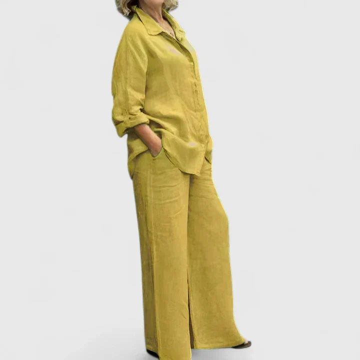 Women's versatile two-piece set with relaxed shirt and wide leg trousers, great for various occasions.