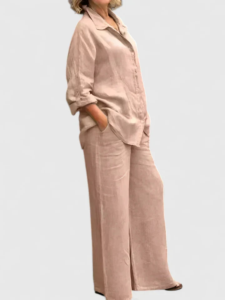 Women's relaxed shirt and wide leg trouser matching set, a stylish two-piece outfit.