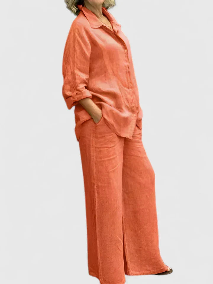 Comfortable women's relaxed fit shirt and wide leg trouser set, perfect for elegant lounge or casual wear.